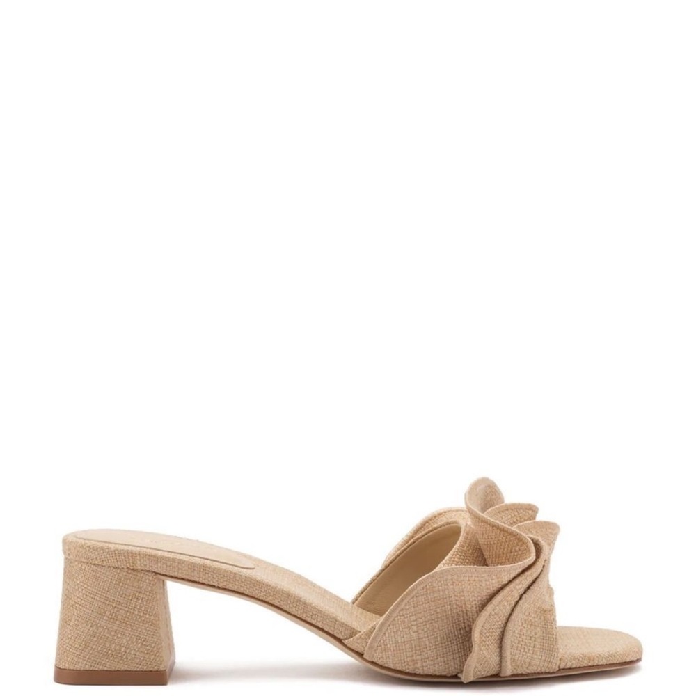 Larroude Ruffled Slide Sandals in Natural Tan - Picture 3 of 7